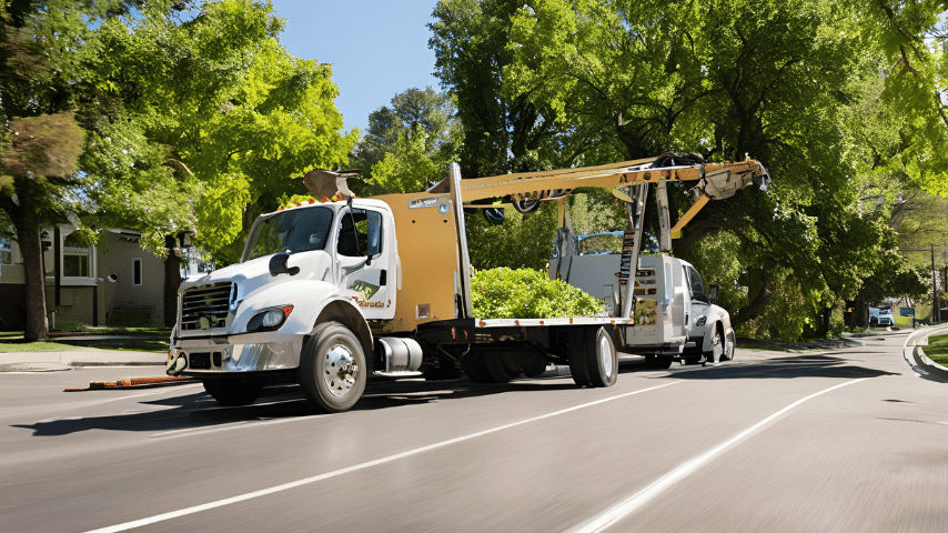 A towing service truck on the road with trees on the sidewalk.