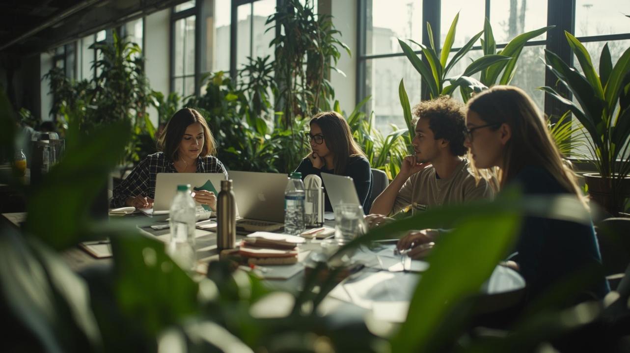 Young environmental activists brainstorm eco campaign strategies together in bright sunlit workspace.
